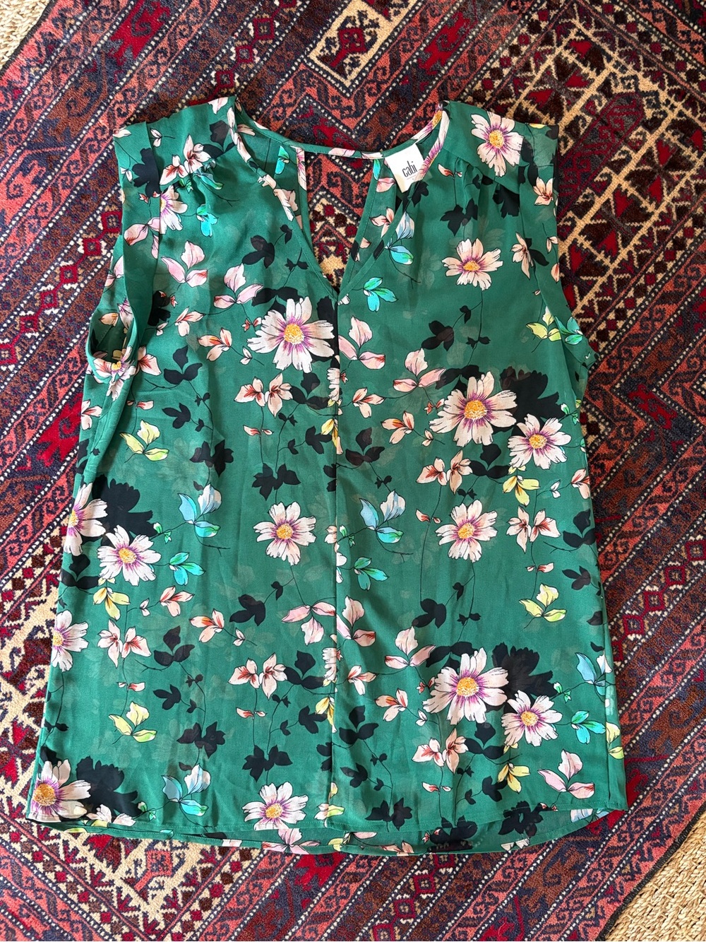 CAbi Green Floral Sleeveless Blouse